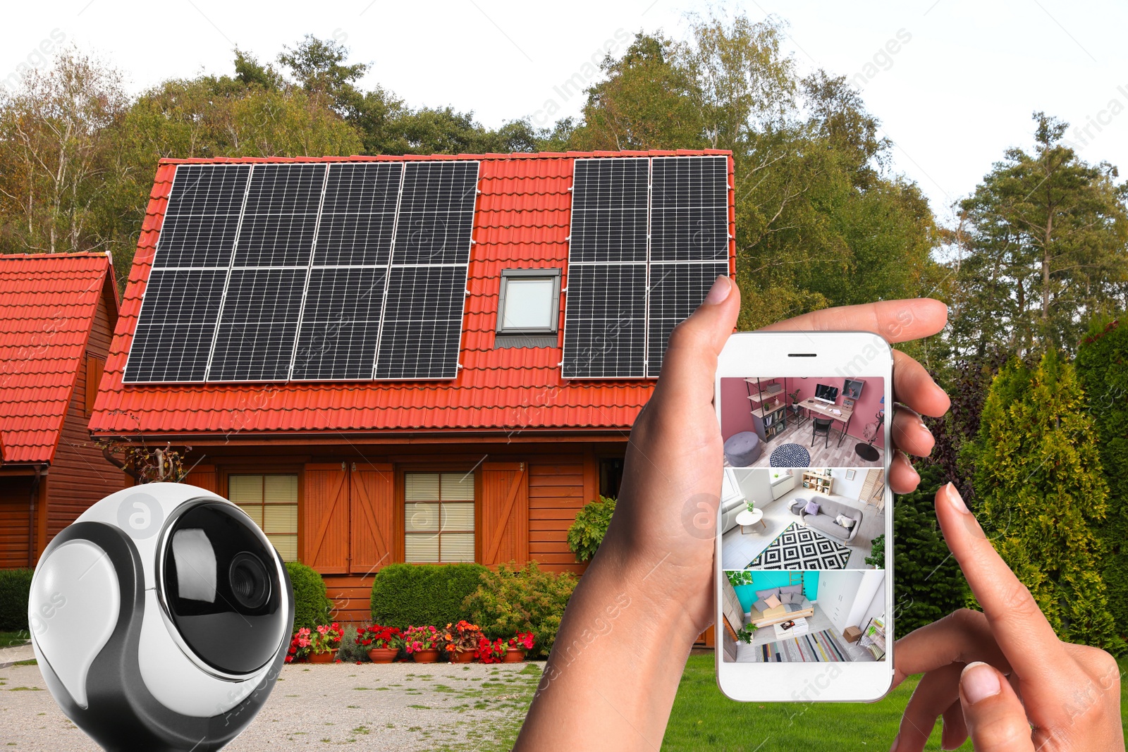 Image of Home security system. Woman monitoring modern CCTV cameras on smartphone near her house, closeup