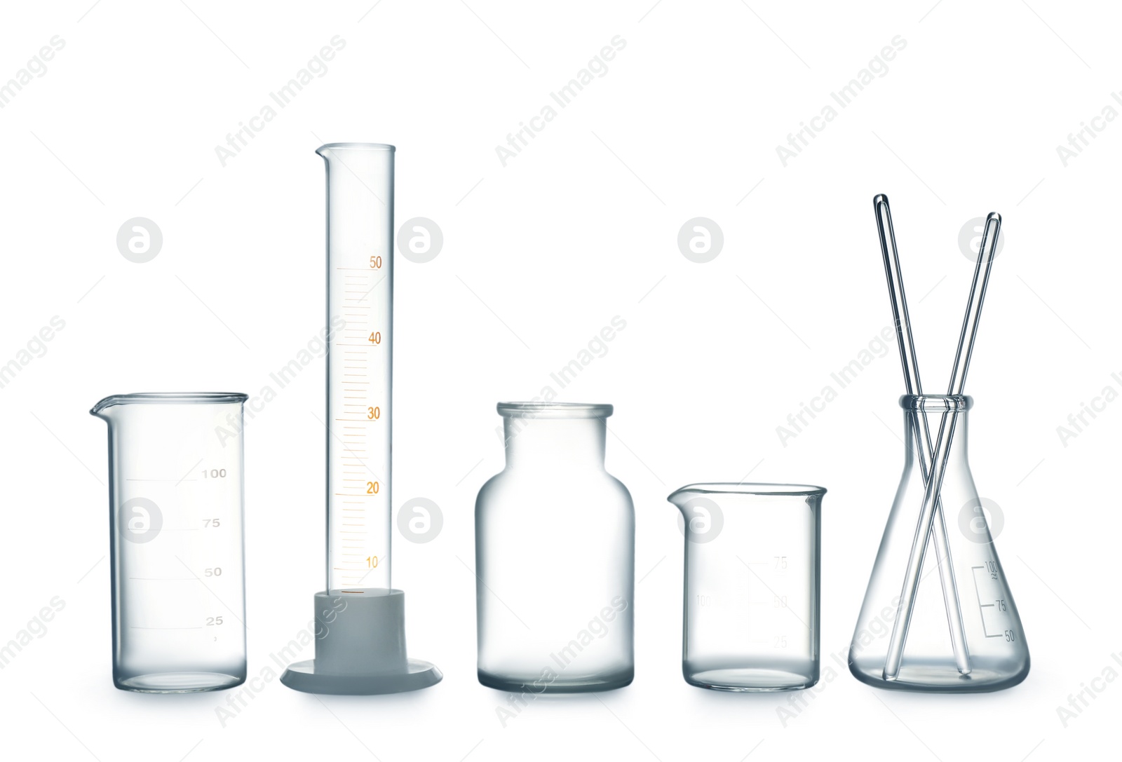 Photo of Empty clean laboratory glassware on white background