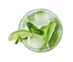 Photo of Glass of tasty refreshing cocktail on white background, top view