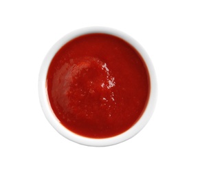 Delicious tomato sauce in bowl on white background, top view