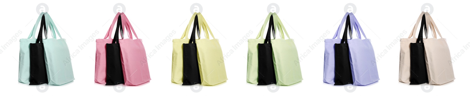 Image of Set of colorful eco bags on white background. Banner design