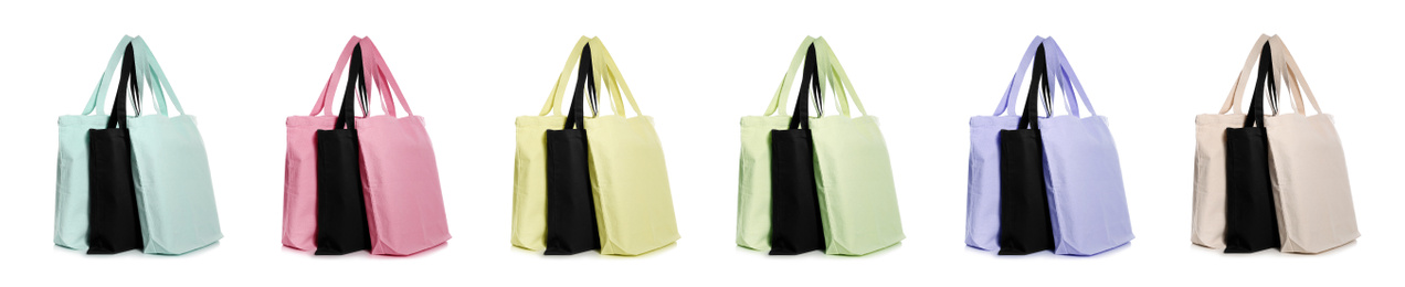 Image of Set of colorful eco bags on white background. Banner design