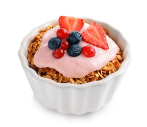Photo of Bowl with yogurt, berries and granola on white background