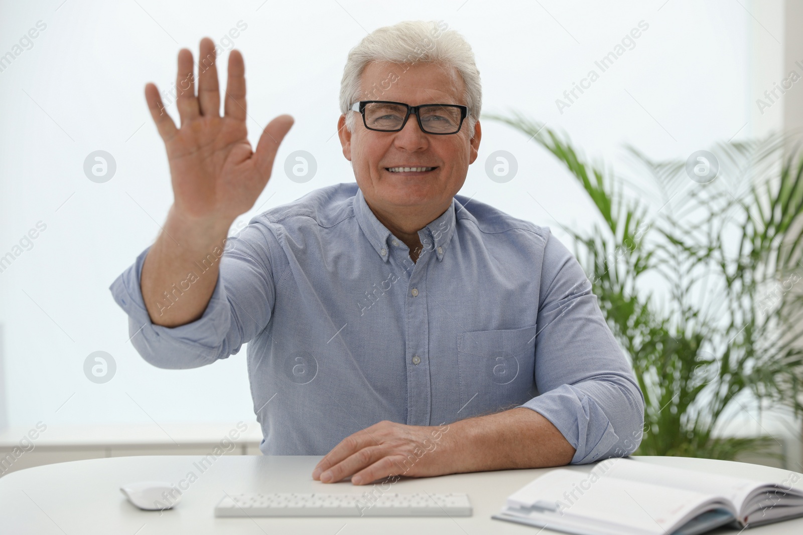 Photo of Mature man using video chat in office, view from web camera