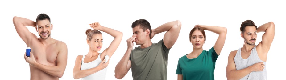 Image of Collage with photos of people applying deodorants to armpits and with sweat stains on clothes against white background. Banner design
