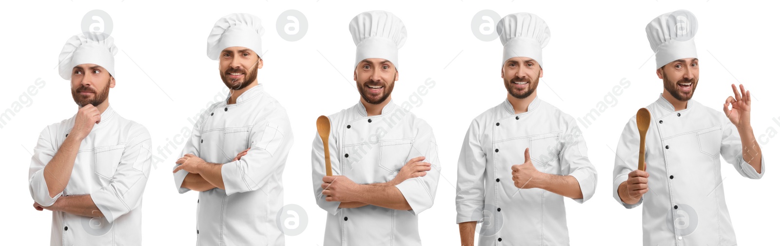 Image of Chef in uniform on white background, set with photos