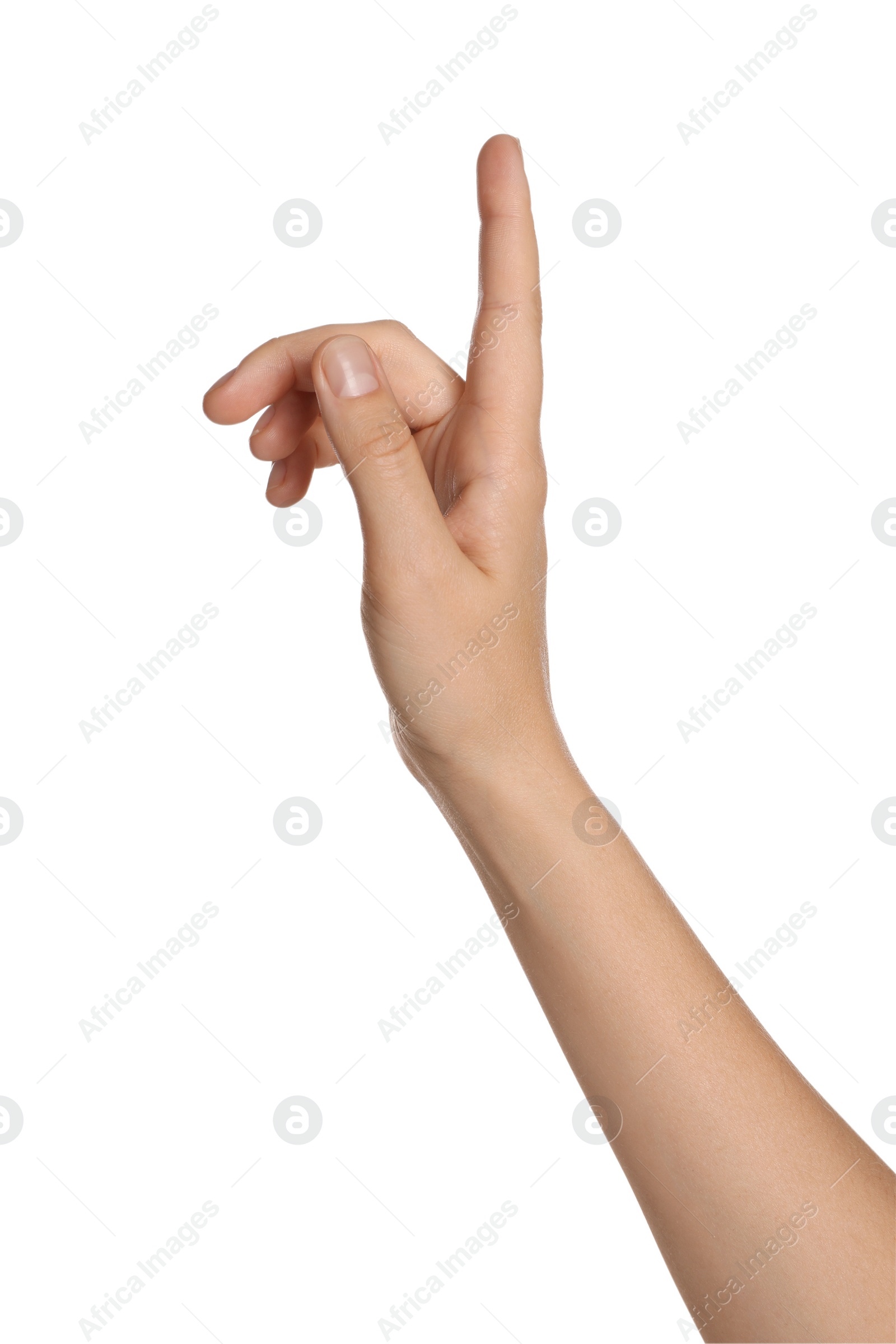 Photo of Woman pointing at something on white background, closeup of hand