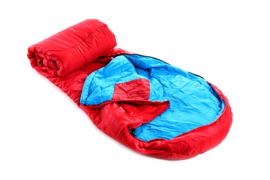 Photo of Sleeping bag on white background. Camping equipment