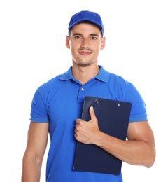 Photo of Happy young courier with clipboard on white background