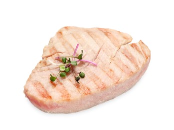 Photo of Delicious tuna steak with microgreens isolated on white