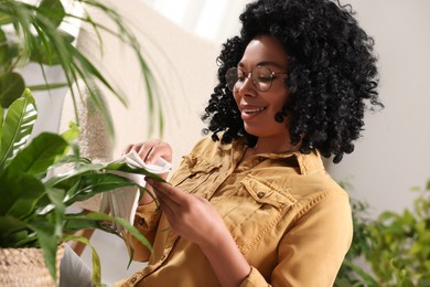 Photo of Happy woman wiping beautiful houseplant leaves indoors