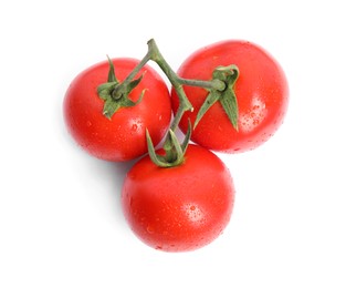 Photo of Branch of ripe red tomatoes on white background, top view