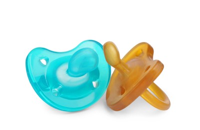 New different baby pacifiers on white background