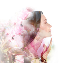 Double exposure of beautiful woman and blooming flowers