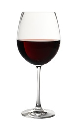 Photo of Glass of delicious expensive red wine on white background