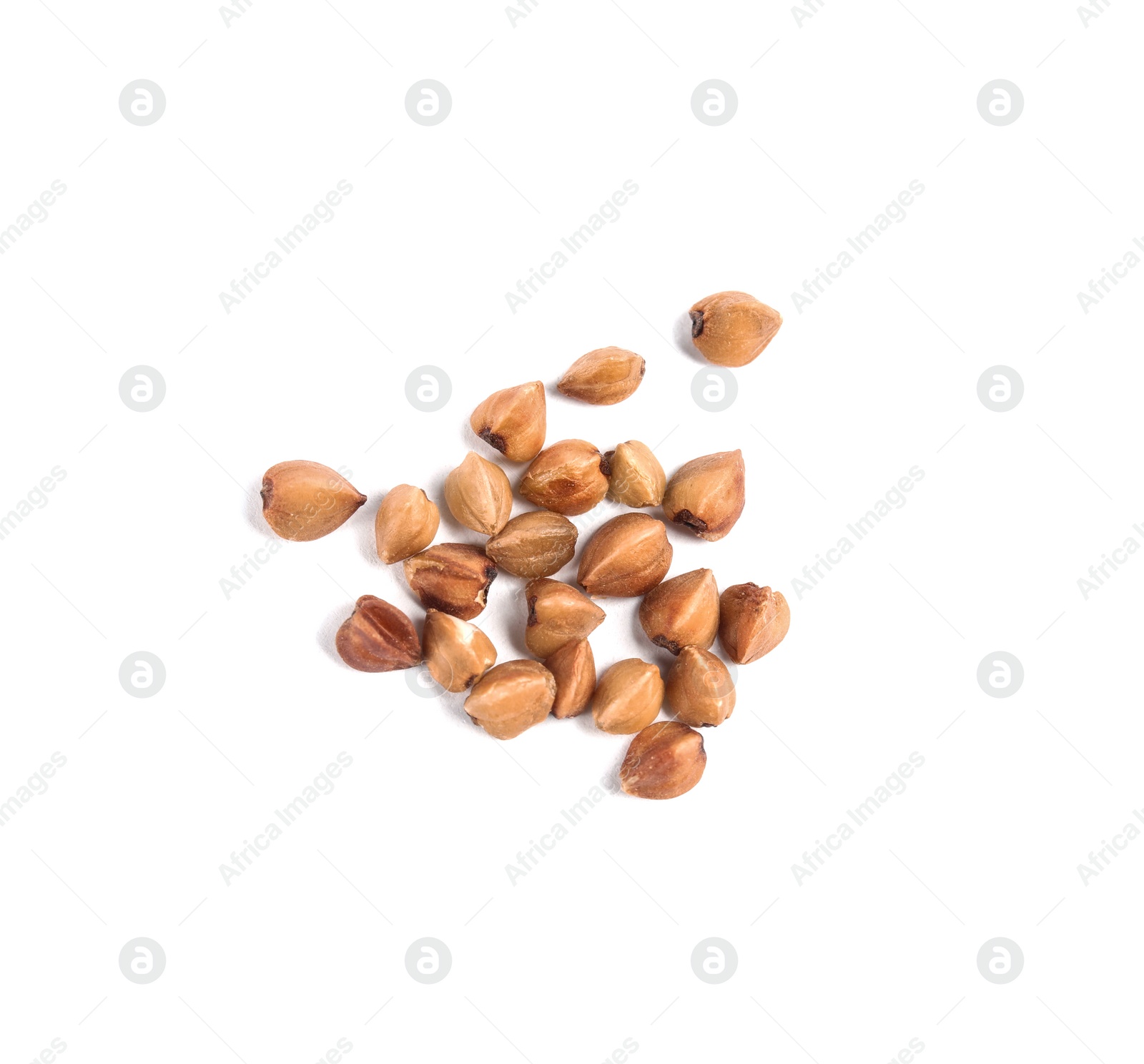 Photo of Uncooked buckwheat on white background, top view