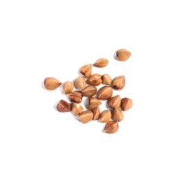 Photo of Uncooked buckwheat on white background, top view