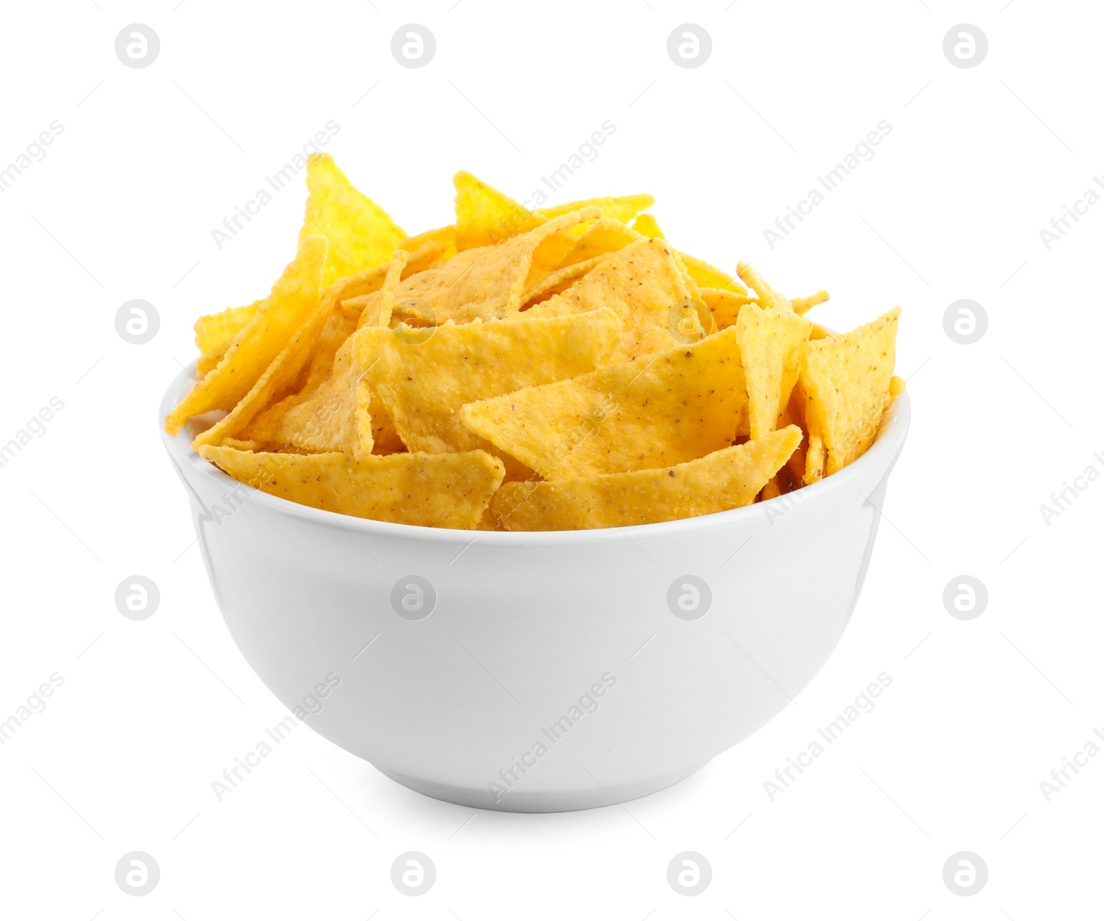 Photo of Bowl of tasty tortilla chips (nachos) on white background