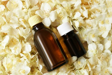 Photo of Bottles of jasmine essential oil and white flowers on pink fabric, flat lay