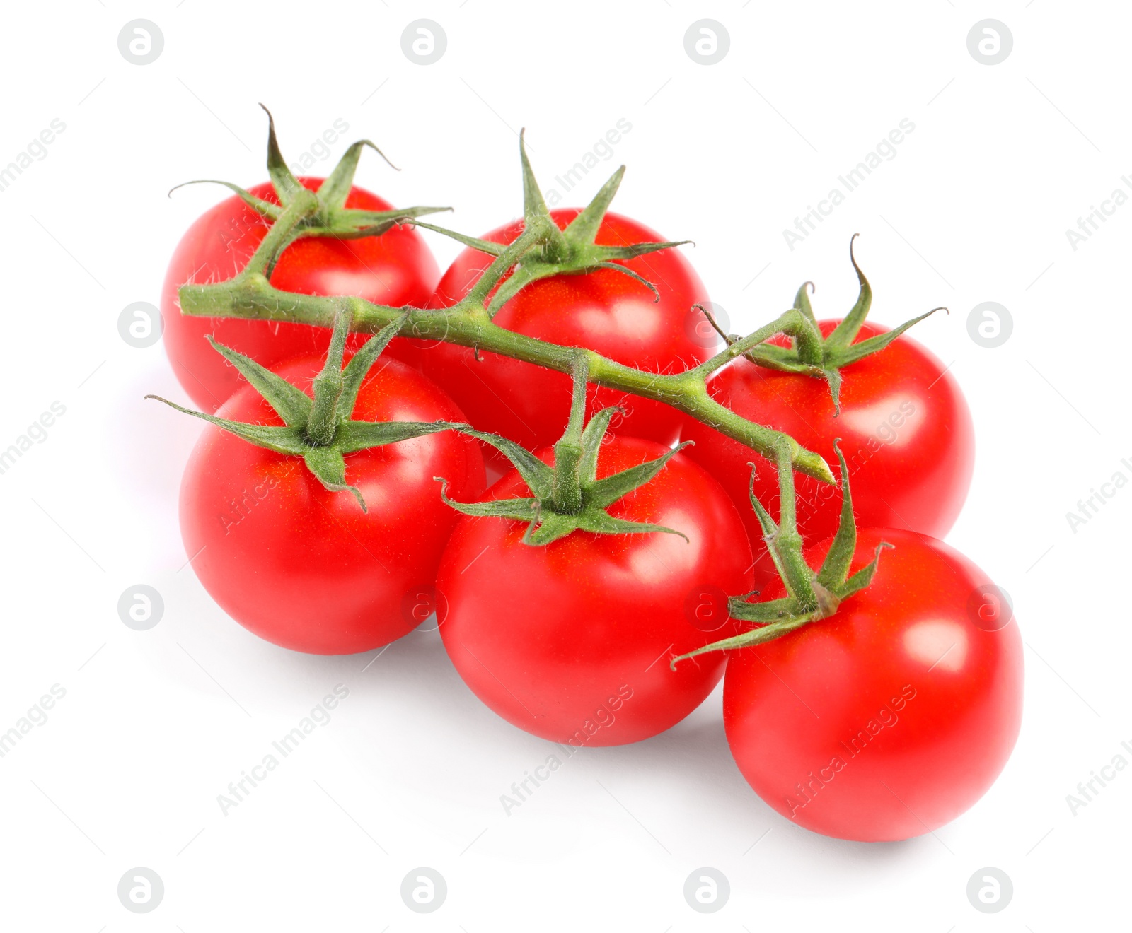 Photo of Branch of fresh cherry tomatoes isolated on white