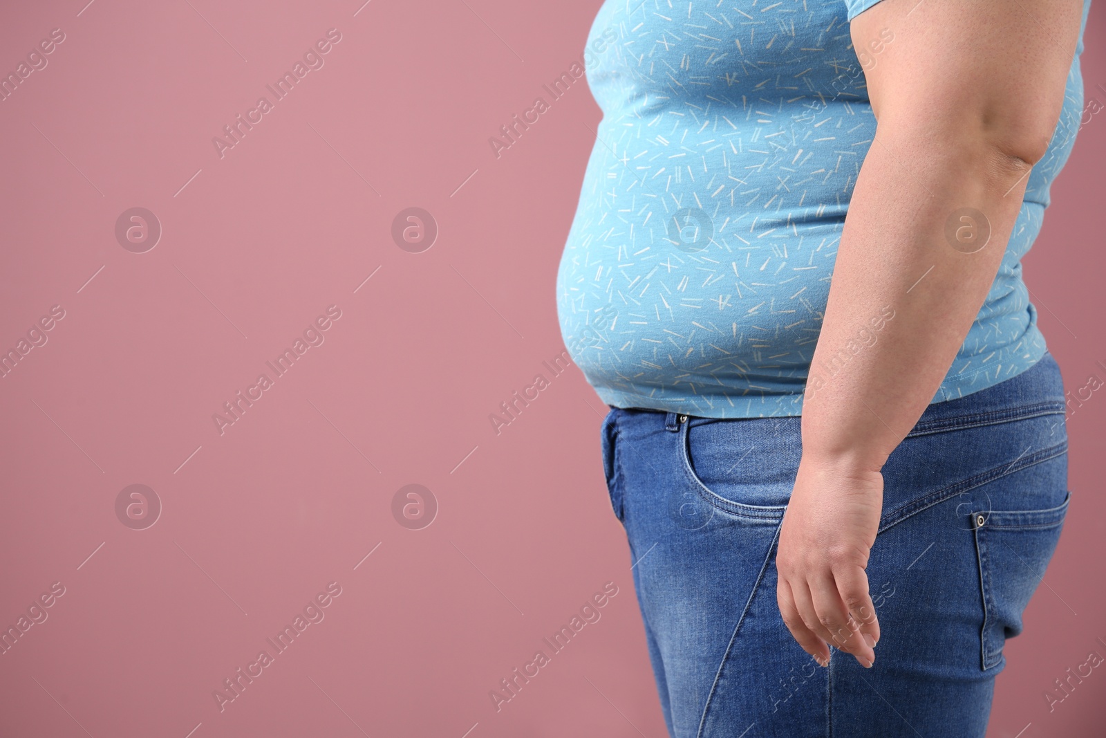 Photo of Overweight woman on color background