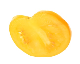 Photo of Slice of yellow tomato on white background