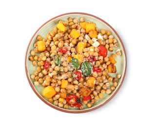 Photo of Plate with delicious fresh chickpea salad isolated on white, top view