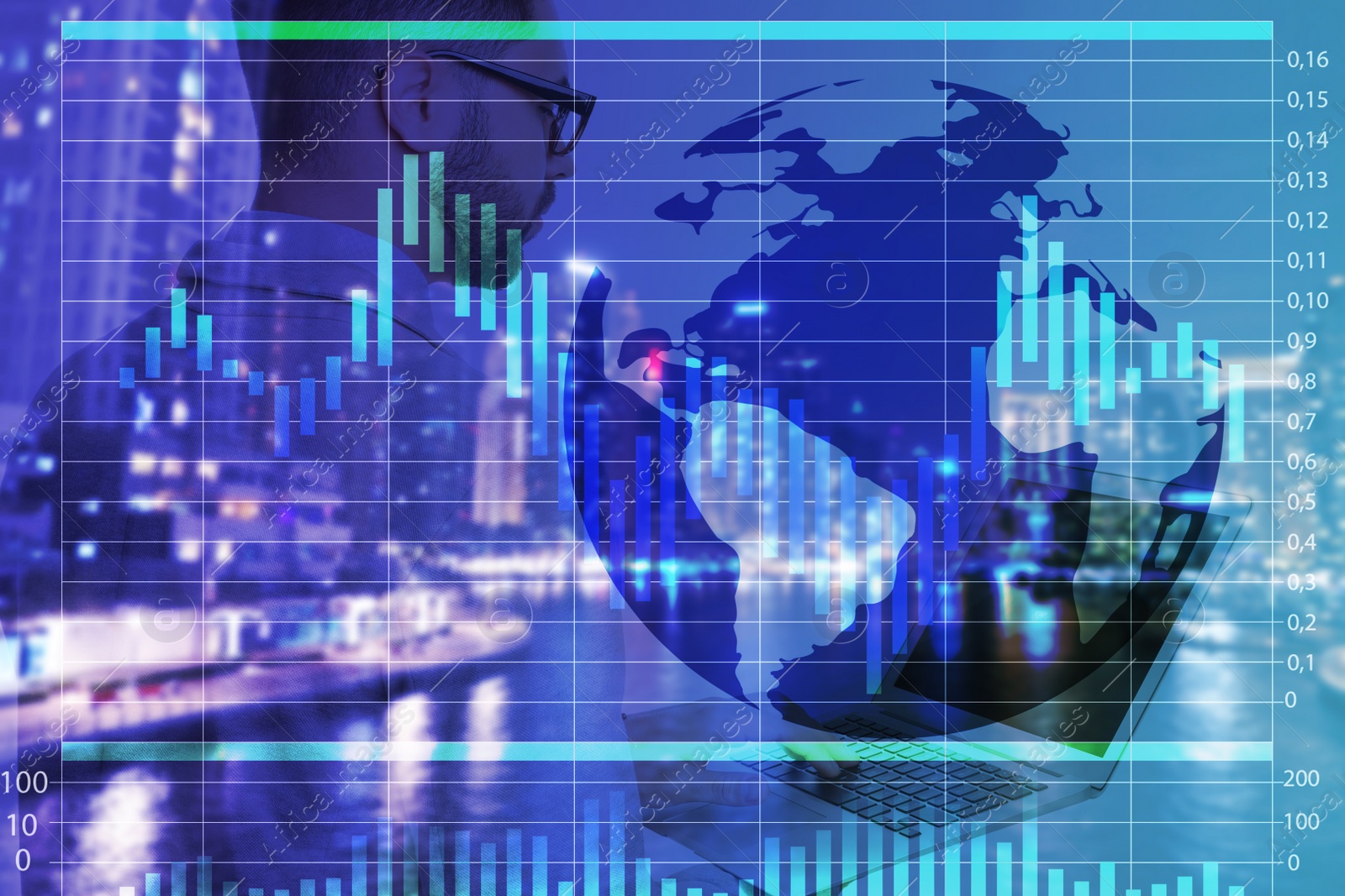 Image of Forex trading. Charts with world globe against man and night city on background