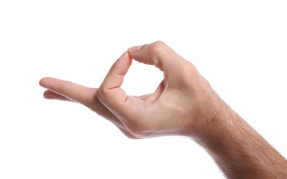 Photo of Man showing mudra on white background, closeup of hand. Practicing meditation