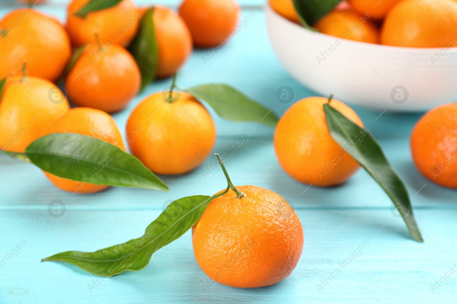 Photo of Fresh tangerines with green leaves on light blue wooden table