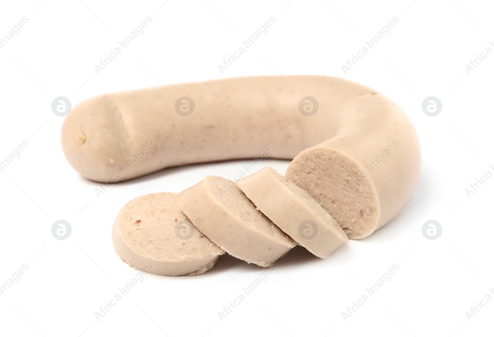 Photo of Cut delicious liver sausage on white background