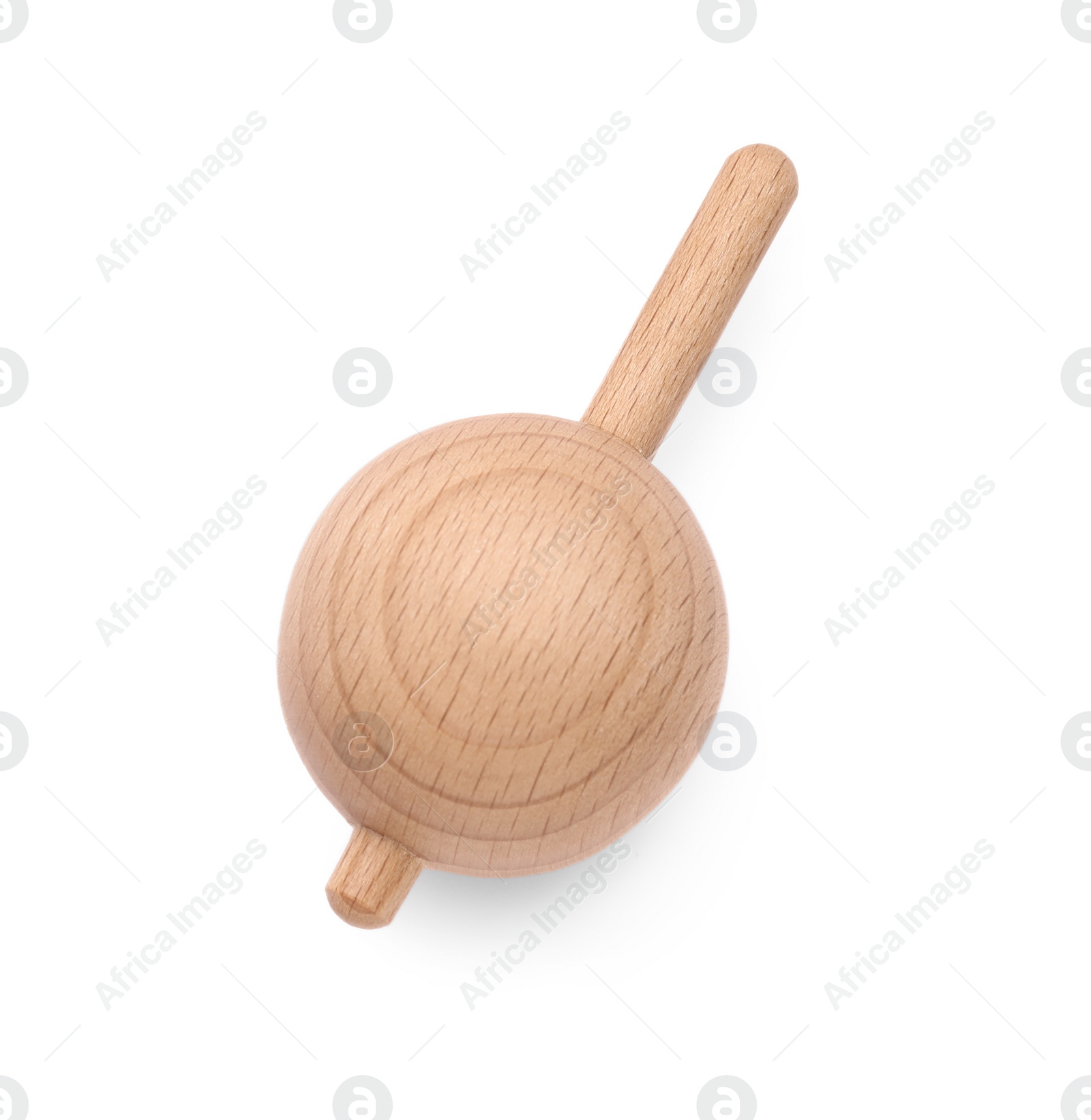 Photo of One wooden spinning top isolated on white, top view. Toy whirligig