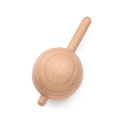 Photo of One wooden spinning top isolated on white, top view. Toy whirligig