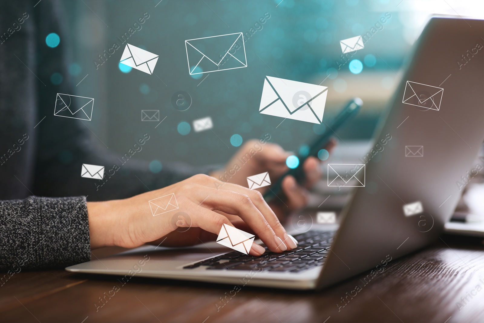 Image of Email. Woman using mobile phone and laptop indoors, closeup. Letter illustrations over device