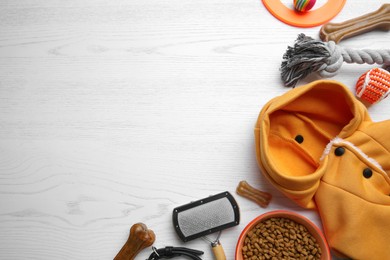 Photo of Flat lay composition with dog clothes, food and accessories on white wooden table. Space for text