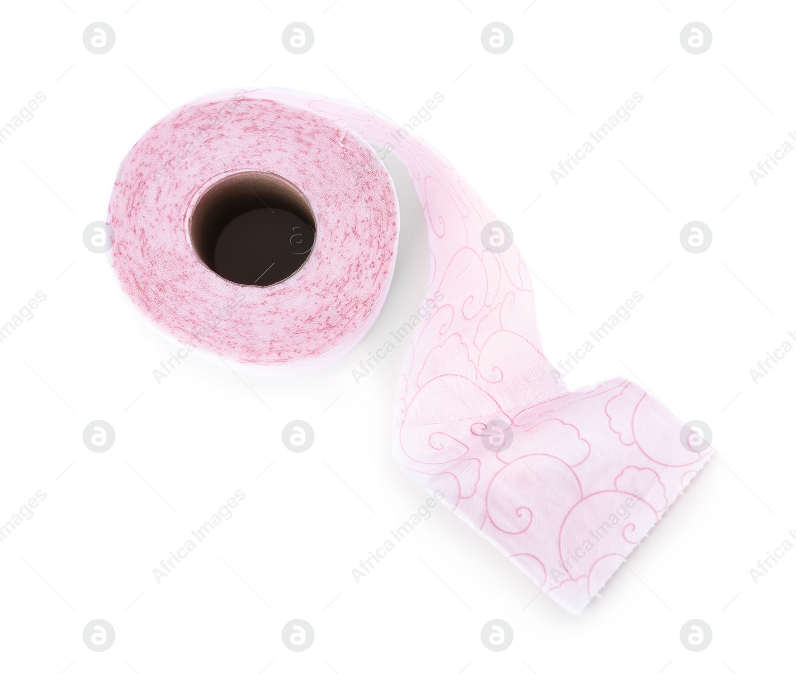 Photo of Roll of toilet paper on white background, top view. Personal hygiene