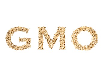 Image of Abbreviation GMO made of quinoa seeds on white background