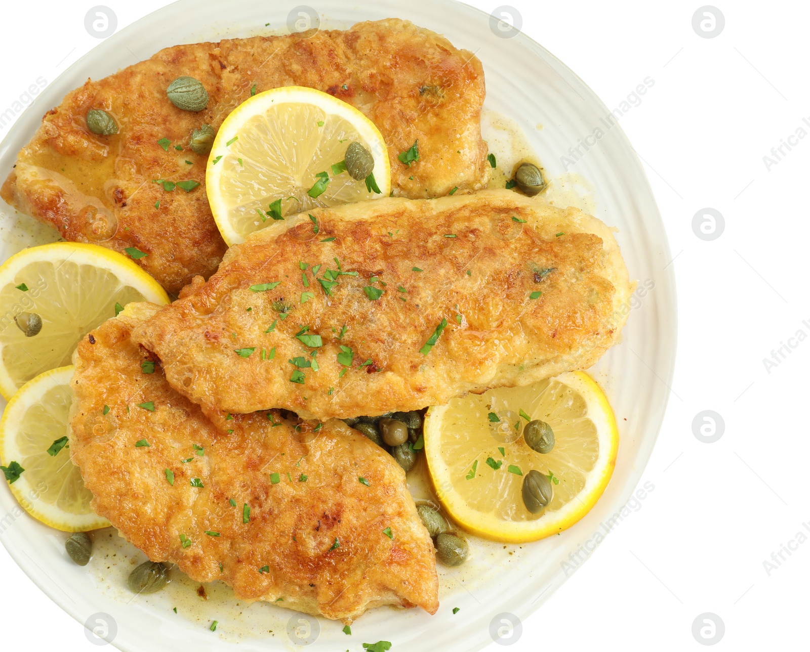 Photo of Delicious chicken piccata with herbs isolated on white, top view