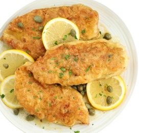 Photo of Delicious chicken piccata with herbs isolated on white, top view