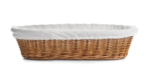 Empty wicker basket for bread on white background