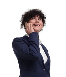 Photo of Beautiful businesswoman in suit talking on smartphone against white background, low angle view
