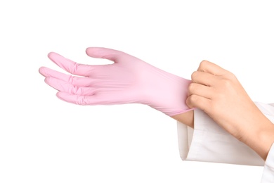 Photo of Doctor wearing medical glove on white background