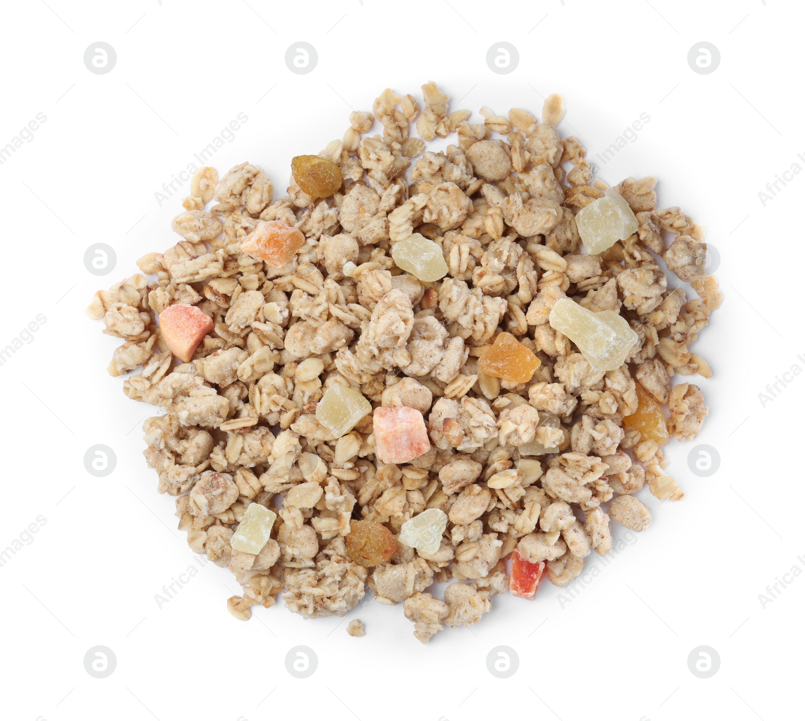 Photo of Pile of granola on white background, top view. Healthy snack