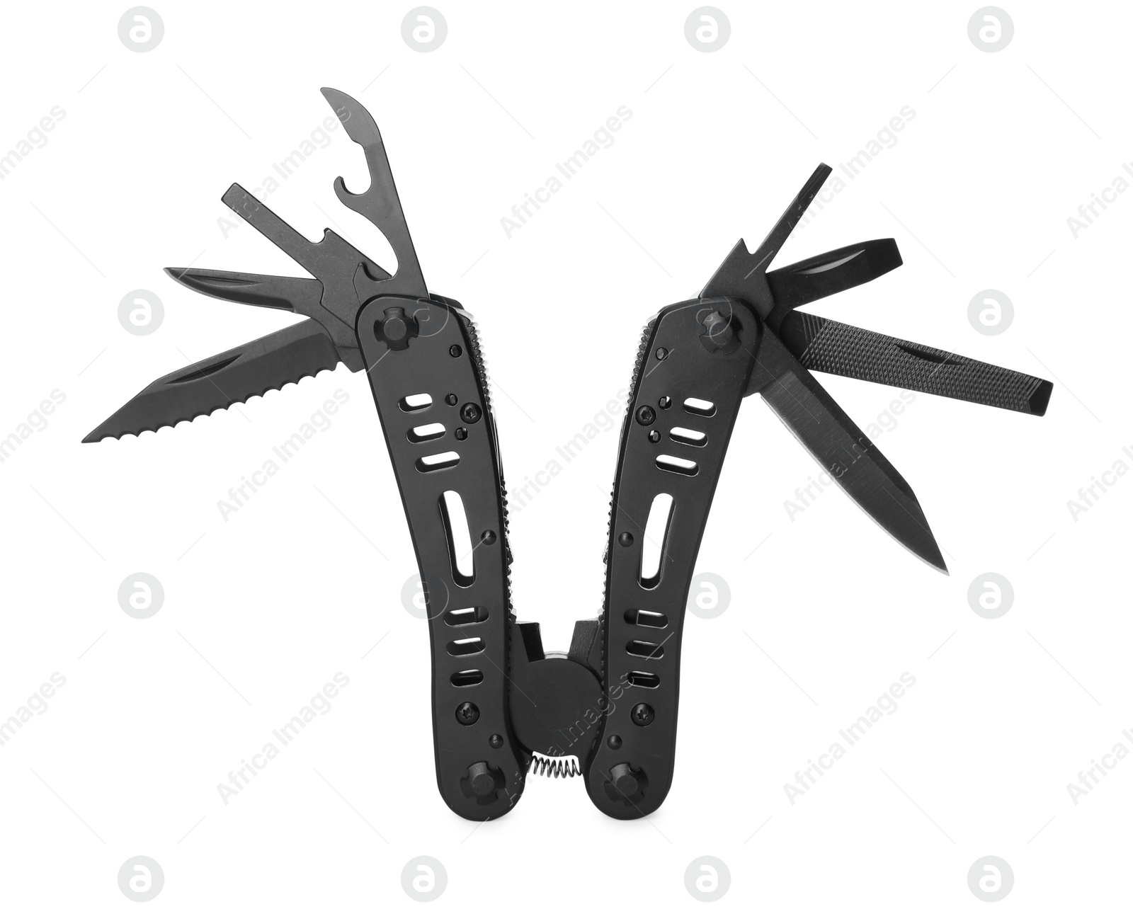 Photo of Compact portable black multitool isolated on white
