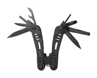 Photo of Compact portable black multitool isolated on white