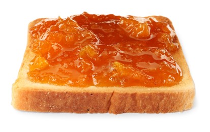 Toast with tasty orange jam on white background