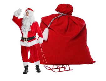 Santa Claus with big red bag full of Christmas presents on sled against white background