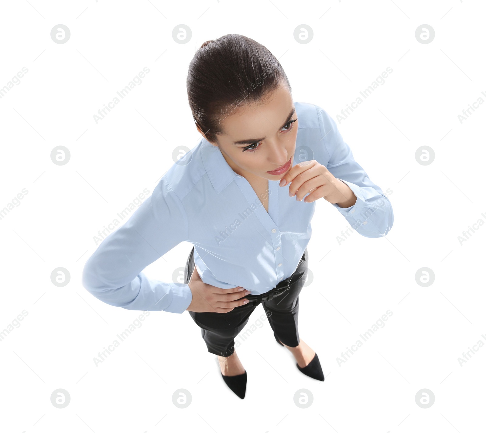 Photo of Young thoughtful businesswoman in elegant suit on white background, above view