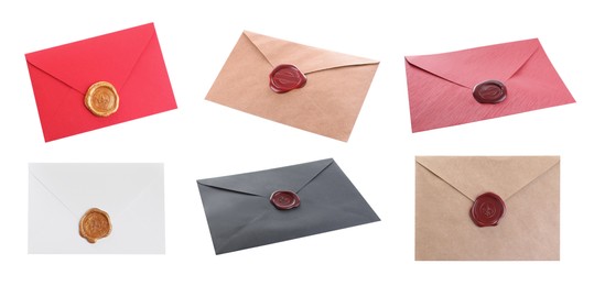 Different envelopes with wax seals on white background, collage. Banner design