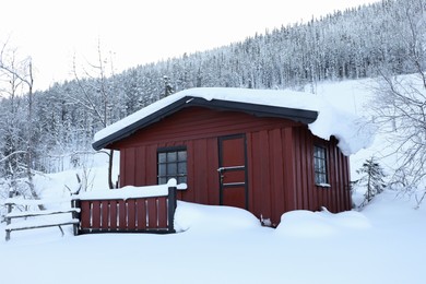 Winter landscape with wooden house, trees and bushes on snowy day